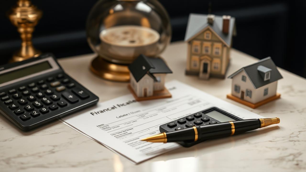 Calculatrice, documents fiscaux et maisons miniatures sur un bureau en marbre