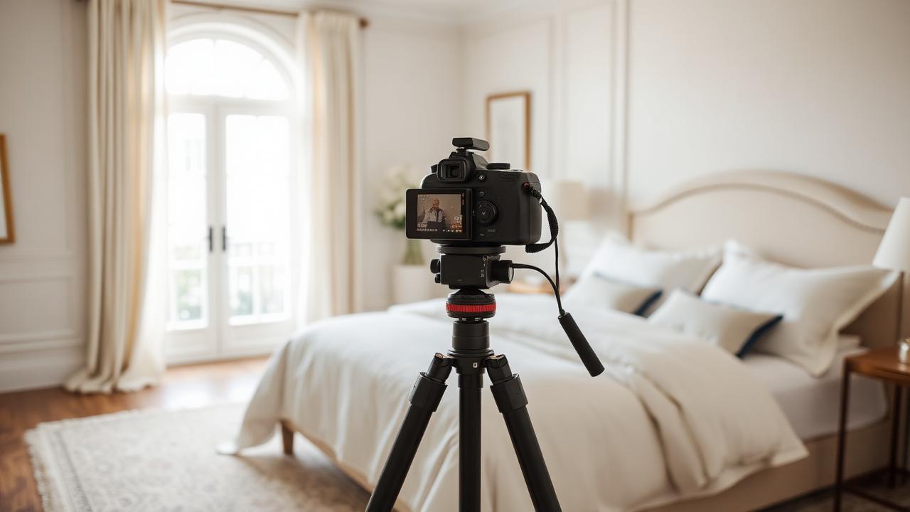 Appareil photo sur trépied photographiant une chambre préparée pour un shooting immobilier