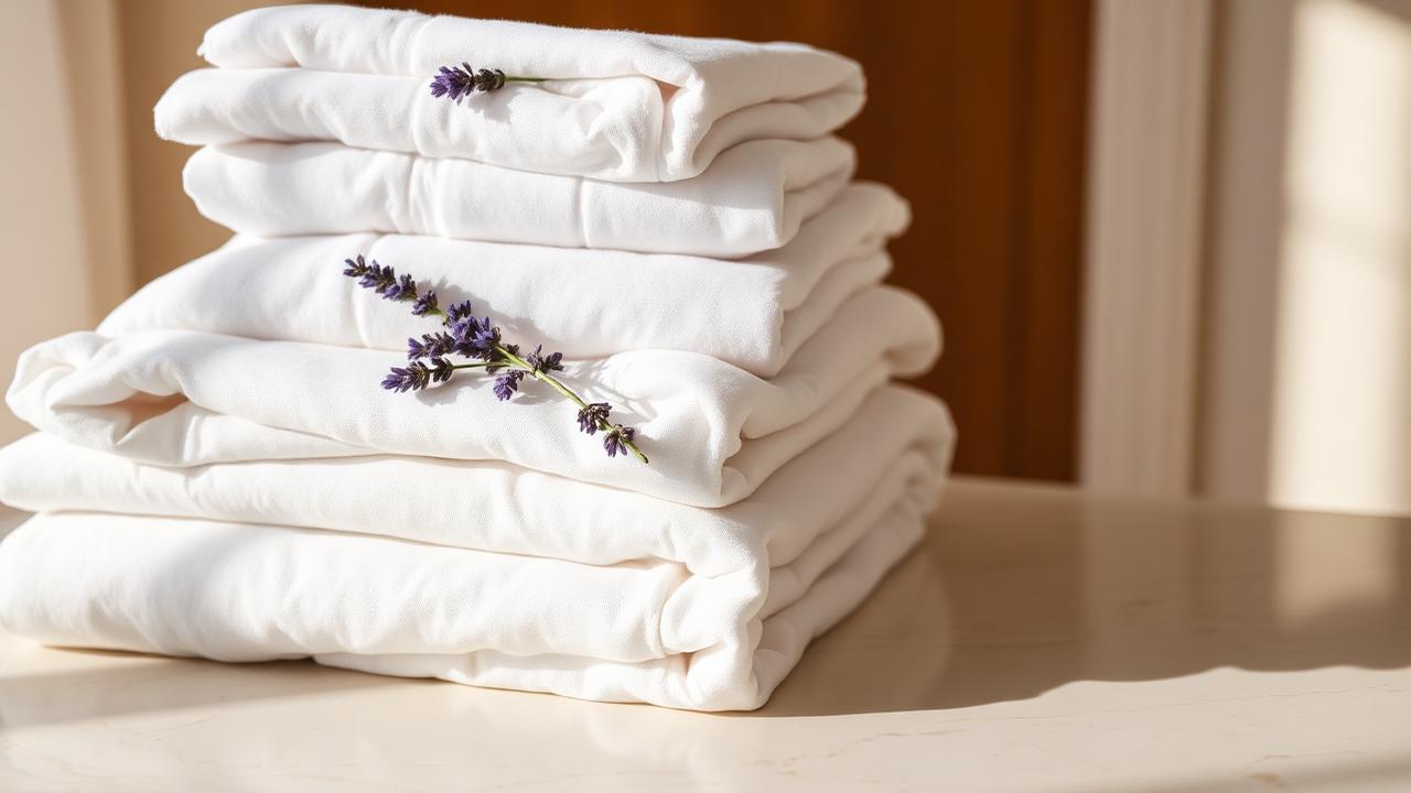 Pile de linge de maison blanc soigneusement plié avec un brin de lavande